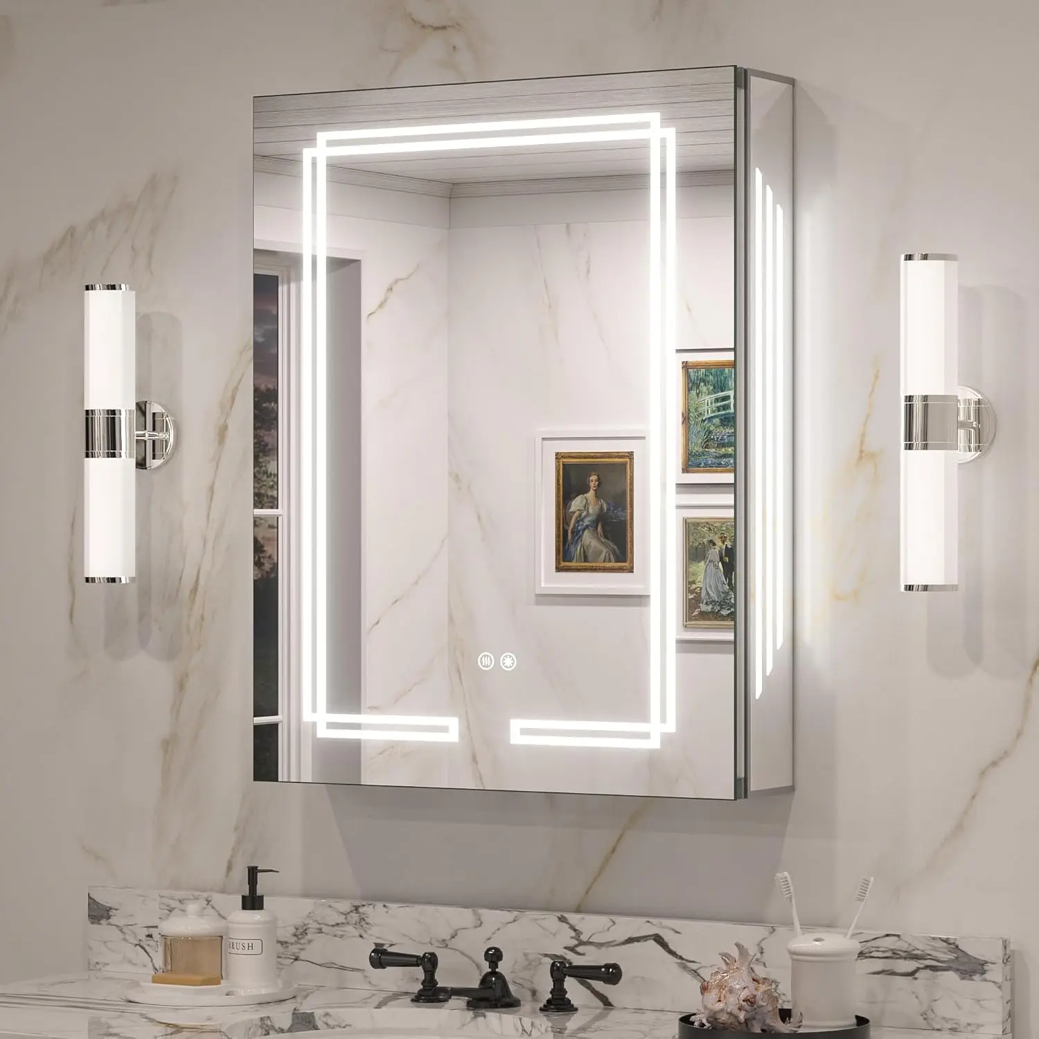 LED Lighted Medicine Cabinet with Mirror, 24x32 Bathroom Mirror Cabinet with Lights, Wall Mounted, 3 Color Temperatures,Stepless