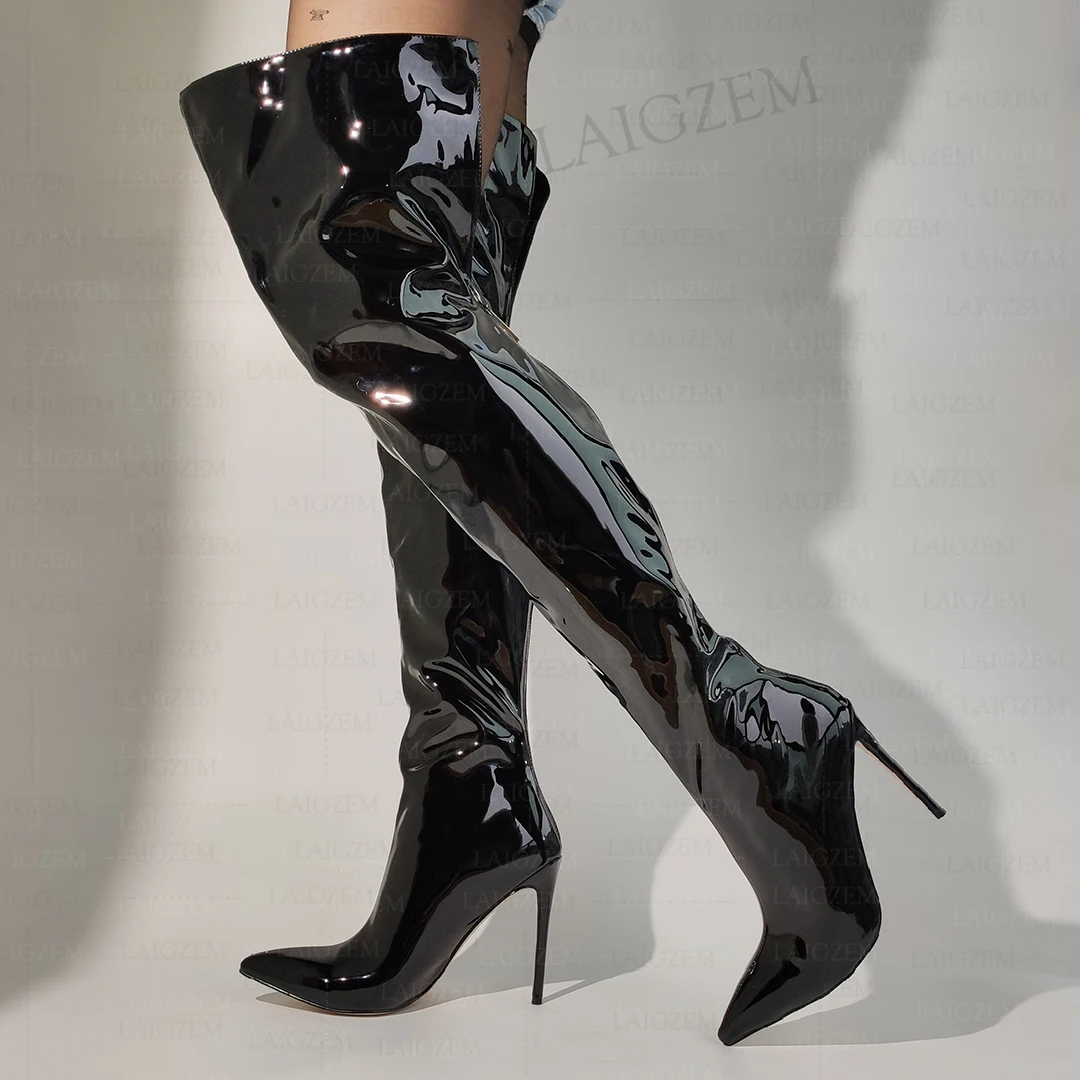 LAIGZEM Women Over Knee Boots Pointed Toe Back Zip Shiny Thin High Heeled Boots Over Knee Ladies Shoes Woman Plus Size 41 43 45