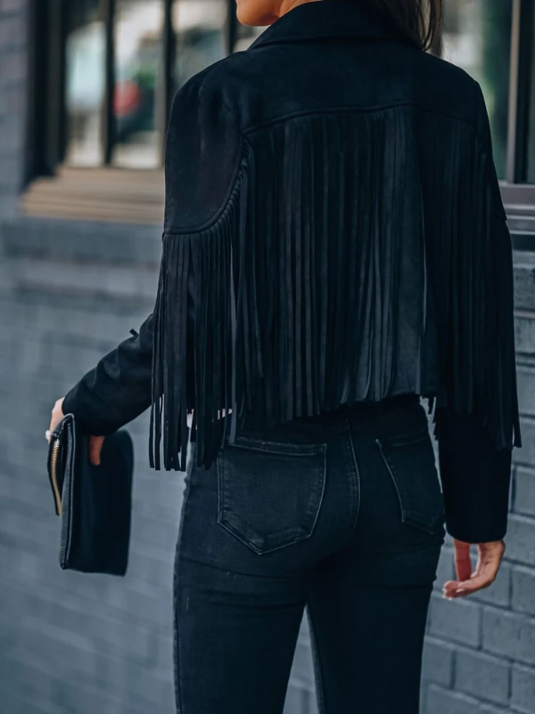 Fringed Bomber Jacket Women Spring Fall Fashion Long Sleeve Turn-down Collar Open Stitch Slim Jackets Faux Leather Tassel Coat