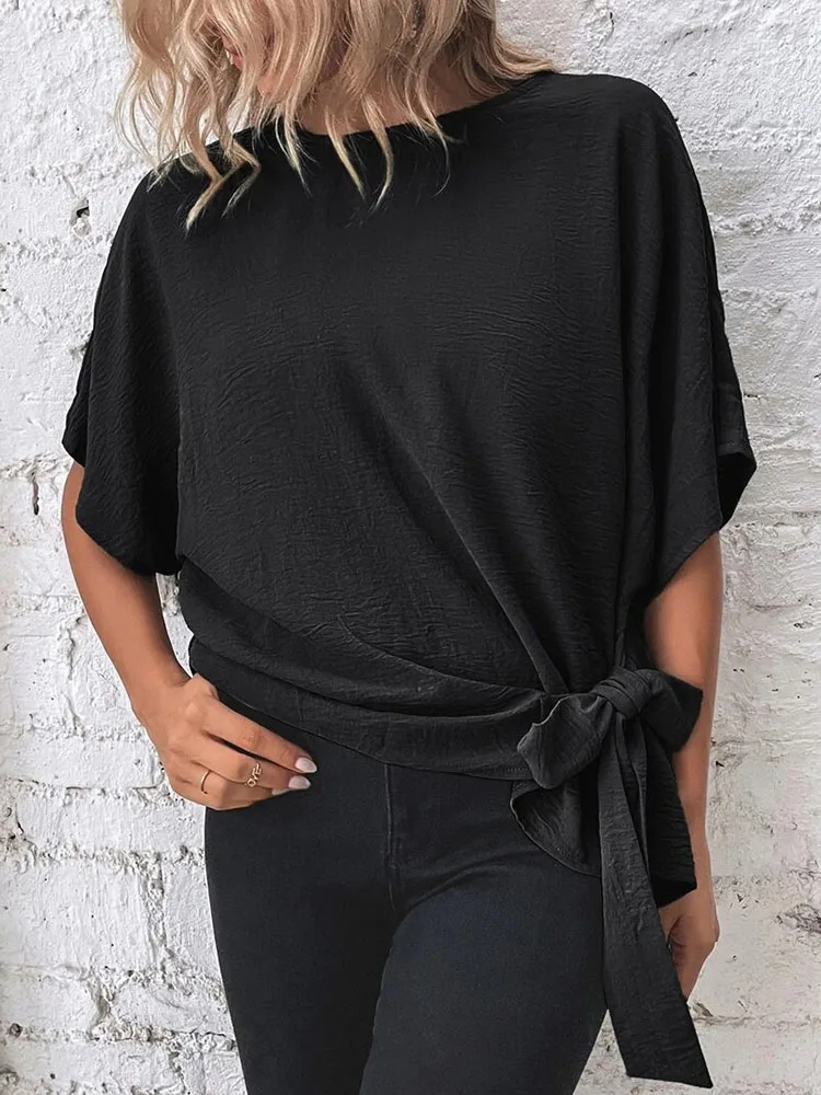 Loose Casual Women\'s Top T Shirt 2023 Summer Solid Fashion Batwing Sleeve Shirt Tops Bow Women Pullover Blouses Female Clothing