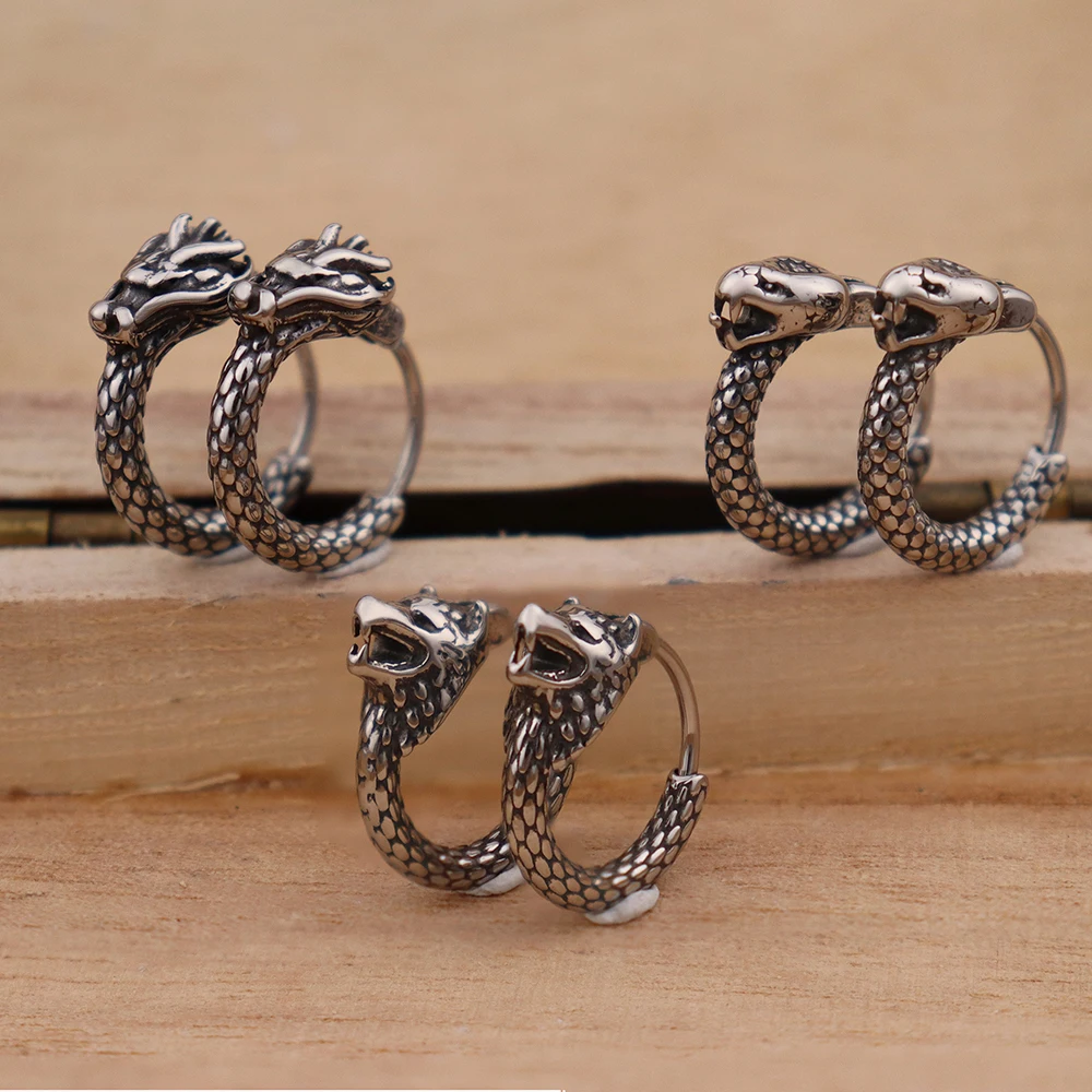 Vintage Viking Wolf Head Huggie Stainless Steel Fashion Charm Men Hoop Earrings Punk Rock Lucky Almut Male Ear Jewelry Wholesale image 6