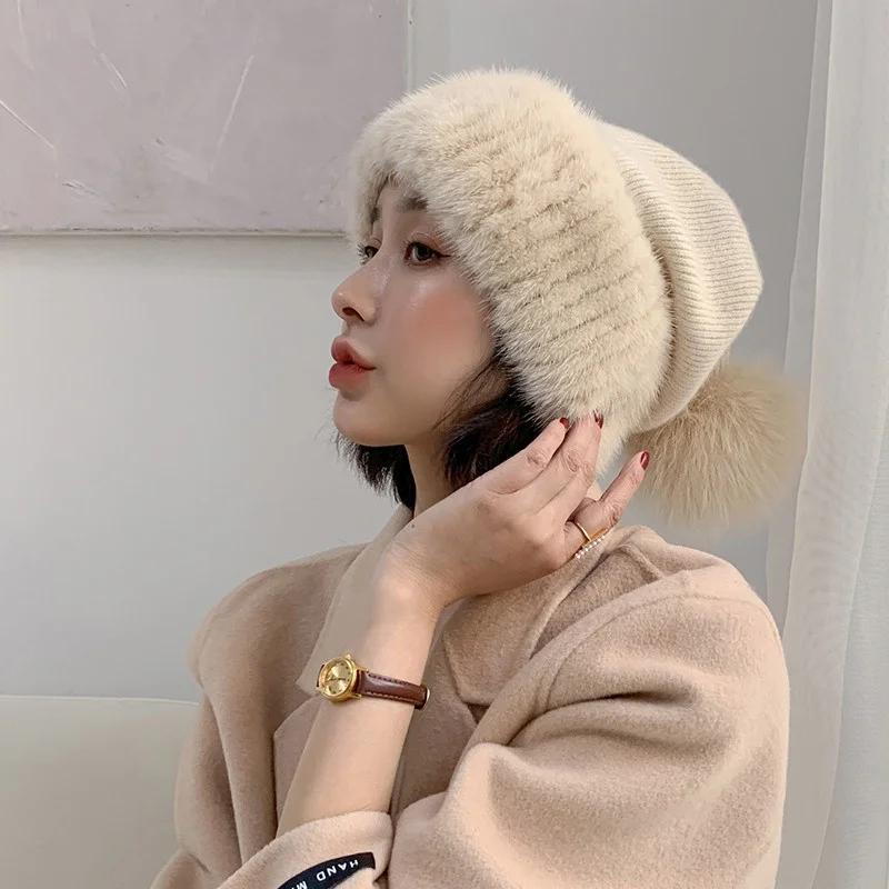 

Women's Winter Casual Fur Hat Luxury Mink Fur Thermal Hat Fox Fur Ball Embellished Large Stretch Plush Ear Protection Hat