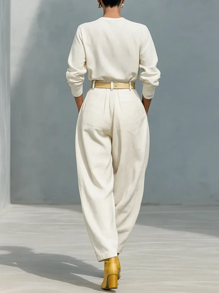 

Women's Two Piece Set Round Neck Top Harem Pants Loose Fit Solid Casual Spring Autumn Vacation Elegant Belt for Women