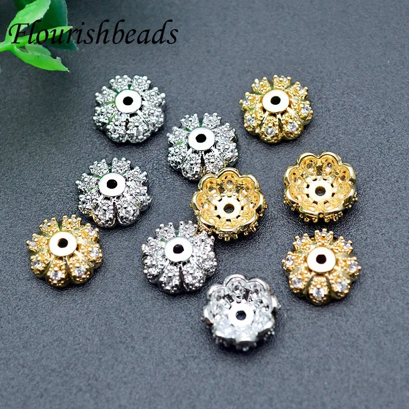 50pc/lot  Gold Plated CZ Beads Paved Brass Flower Beads Caps High Quality Diy Jewelry Accessories