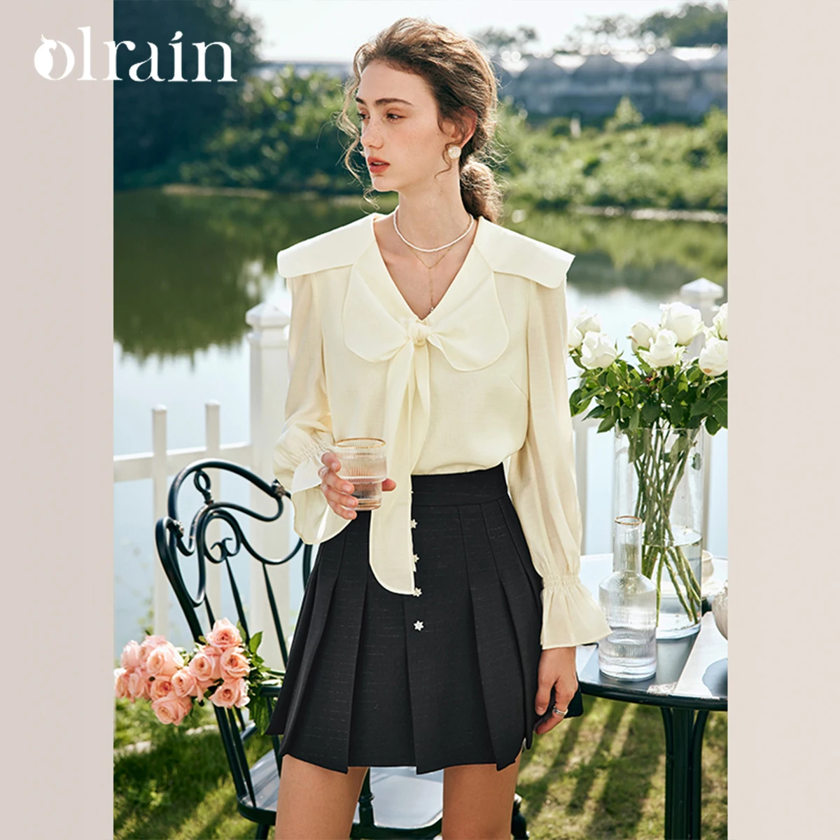 

Женская блузка OLrain из французского кружевного шифона, осенняя коллекция 2026, новая элегантная однотонная рубашка с бантом, V-образный вырез, длинный рукав, женский топ O23CX69303