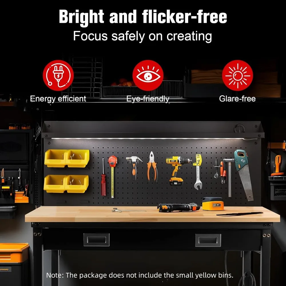 48 inch Rubber Wood Workbench with Drawers, Strip Light, Power Outlet, Adjustable Pegboard