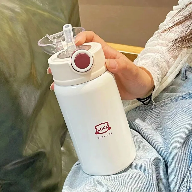 450ml Minimalist Letter Print 316 Stainless Steel Straw Water Bottle, One Click Pop Lid Insulated Thermos for Students Kids