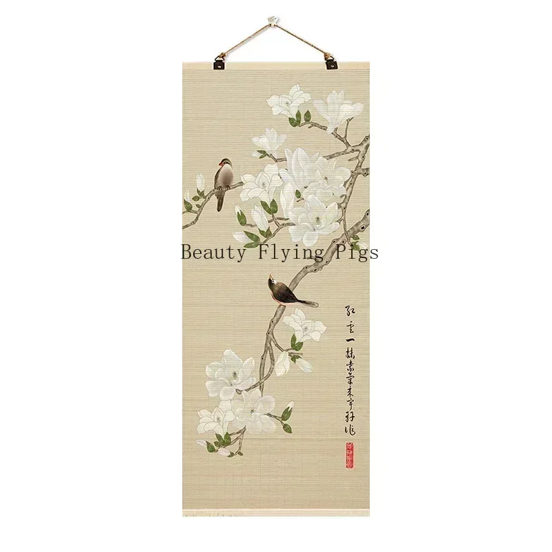 1pc Customized Bamboo Curtains Traditional Painting of Flowers and Birds Wall Hanging  Doorway Divider Ideal for Home Decoration