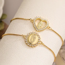 NEWBUY 2026 Fashion Gold Color Box Chain Virgin Mary Charm Bracelets For Women Shiny CZ Zircon Jewelry