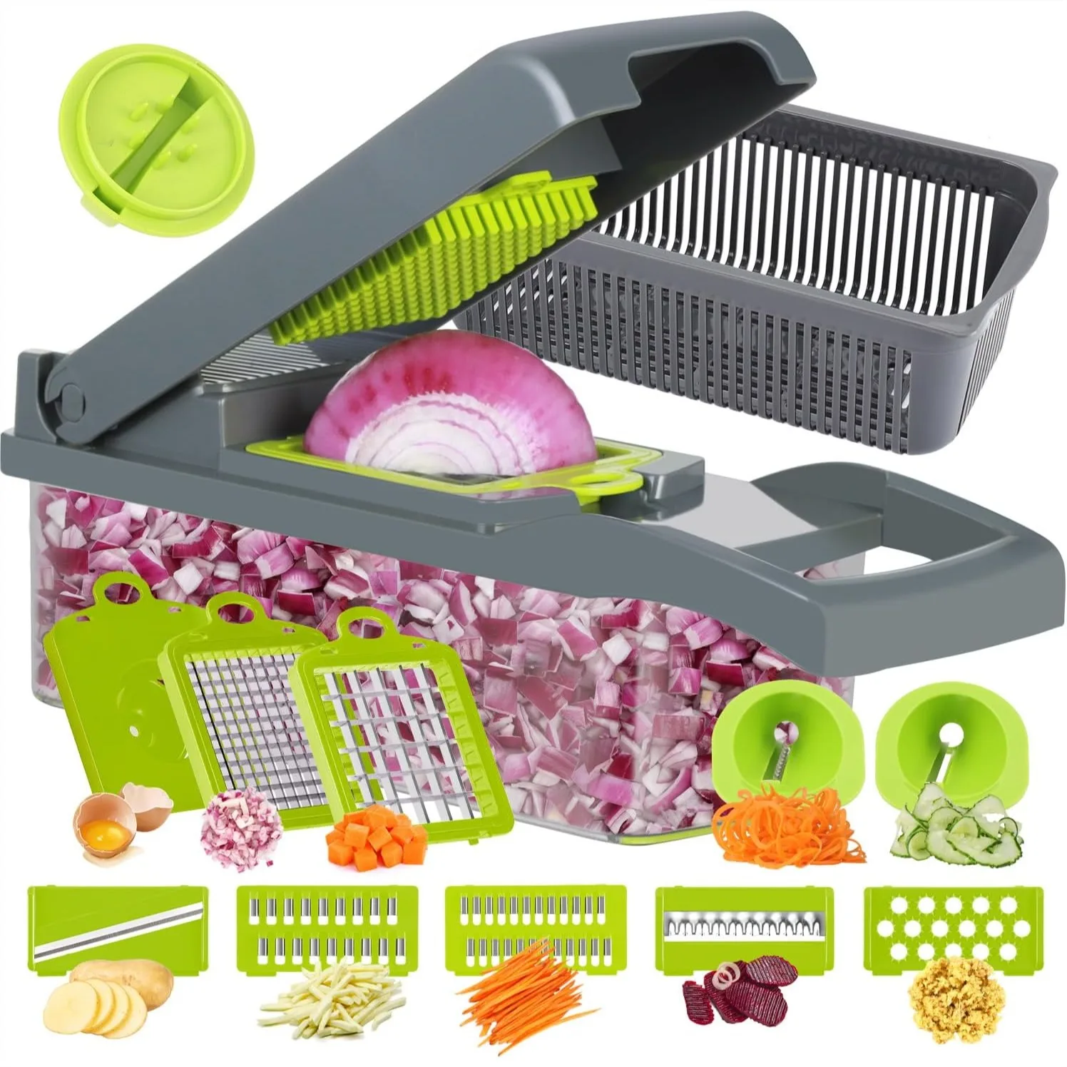 

Vegetable Chopper Onion Cutter, 14 in 1 Mandolin Slicer with 10 Blades and Strainer Basket, Gray