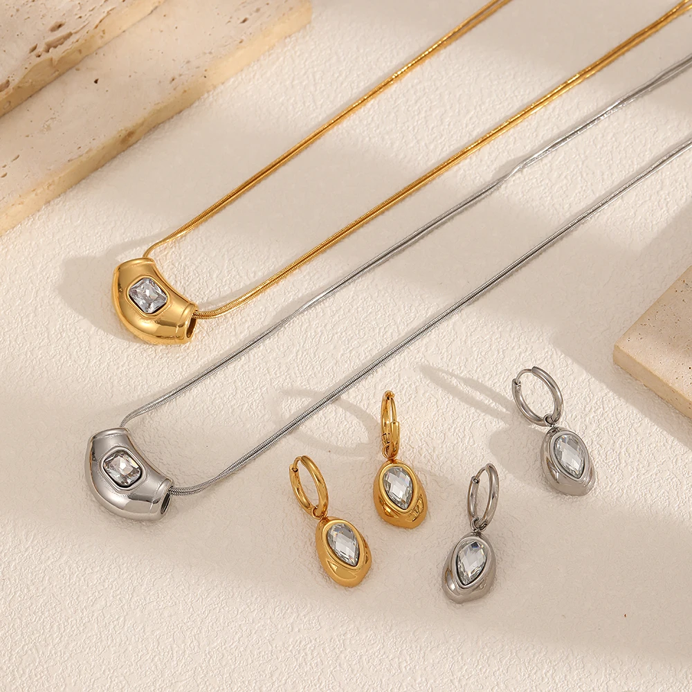 תליון מרובע גיאומטרי עם אבן CZ עגילים סט תכשיטים יומיים לנשים
