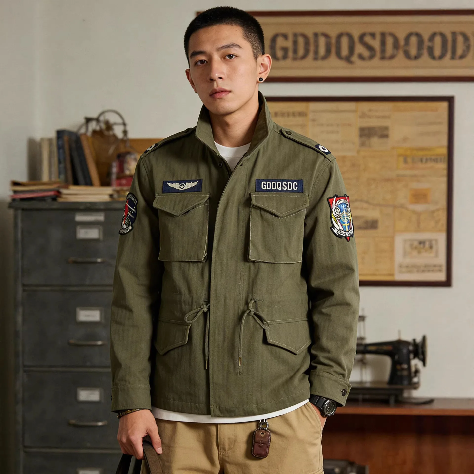 Vintage American Style M65 Herringbone Field Jacket for Men 380gsm 100% Cotton Embroidered Patch Hooded Trendy Amekaji Style