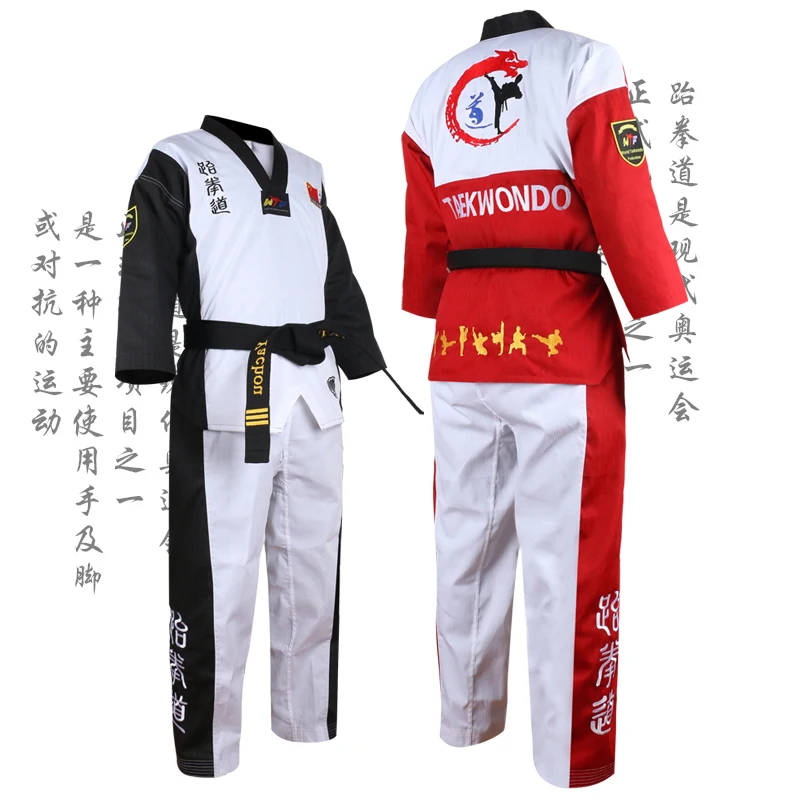 3 Color Taekwondo Dobok V Neck Uniform Black Collar Adult Children Teenagers TKD Poomsae Red Blue Tae Kwon Do Black Clothes WTF