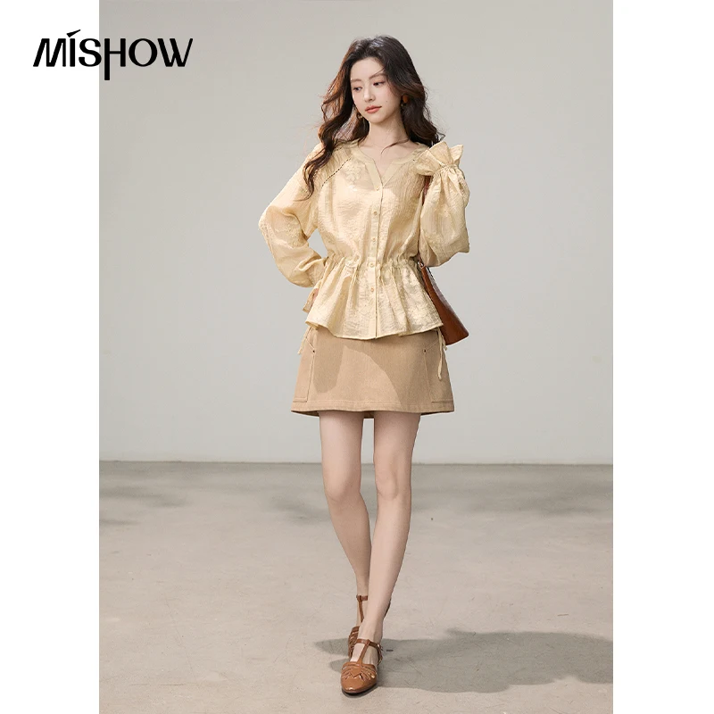 MISHOW Women's High Waist A-Line Mini Skirt 2026 Spring Pocket Detail Casual Skirts Cotton Blend Slim Khaki Skirt MXF16B2485