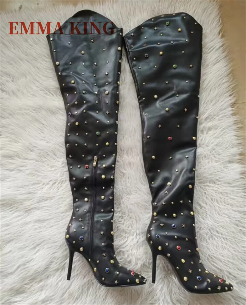 النساء حجر الراين الفخذ أحذية عالية مثير أشار تو الخناجر فوق الركبة أحذية السيدات فستان فاخر أحذية بوتاس دي Mujer