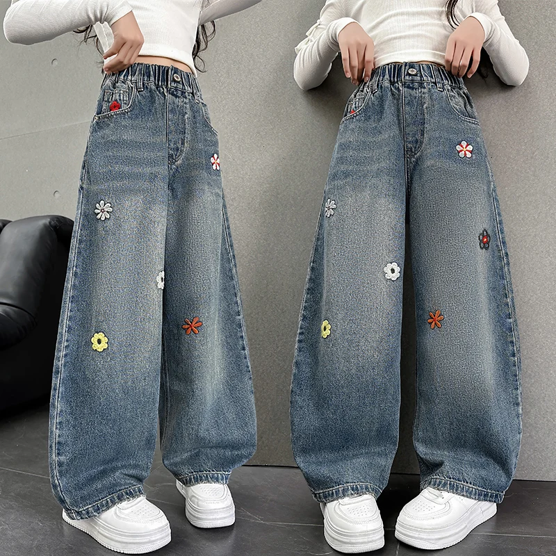 

Spring Autumn Kids Child High Fashion Wide Leg Stretch Jeans with Embroidery Flowers for Girls Street Floral Pattern Denim Pants