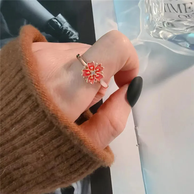 Anxiety Fidget Sakura Flower Spinner Ring Anti Stress Rotatable Joint Jewelry Ladies Wedding Anniversary Rings Gifts Accessories