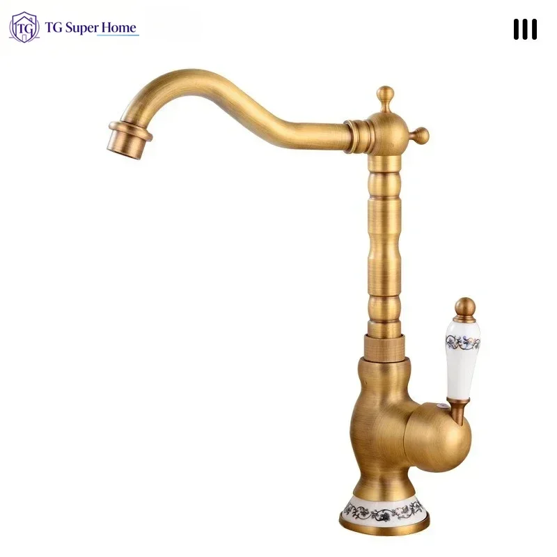 French vintage copper basin faucet household balcony sink counter basin hot and cold rotatable kitchen faucet