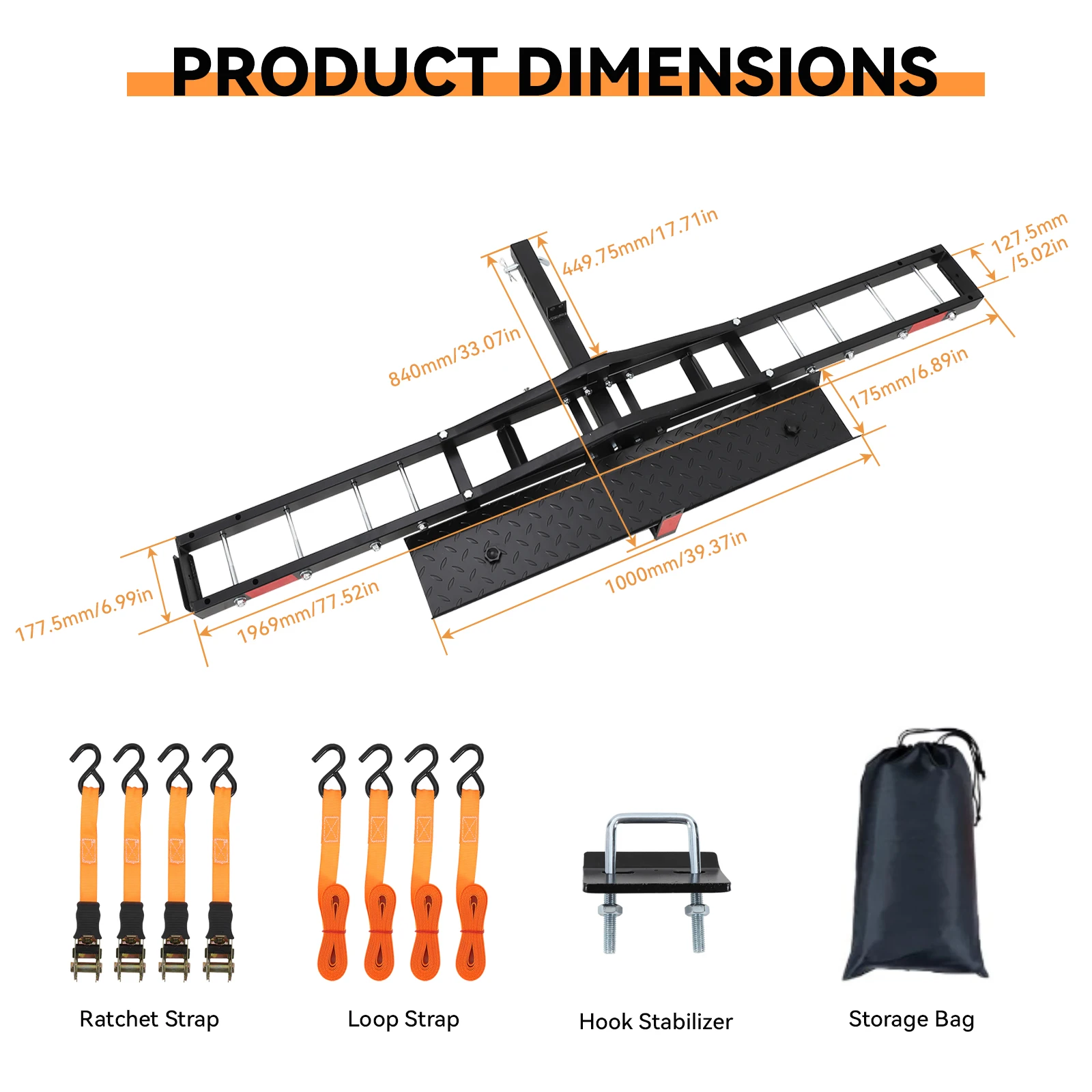 500LBS Motorcycle Hitch Carrier, Steel Dirt Bike Hitch Hauler with Ramp, Bike Carrier, Motorcycle Carrier for Tires Up to 5.5