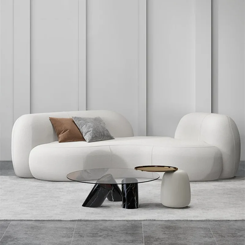 Nordic curved fabric sofa, minimalist light luxury, modern beauty store, clothing store, lamb fleece three-seater sofa