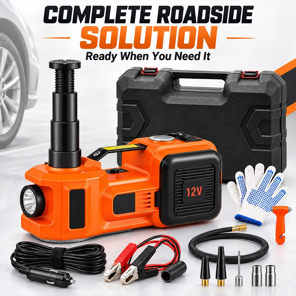 SIHAO 5Ton Car Electric Hydraulic Floor Jack Tire Inflator Pump and LED Flashlight 3in1 Set 12V With Safe Hammer QZ002 Red/Blue