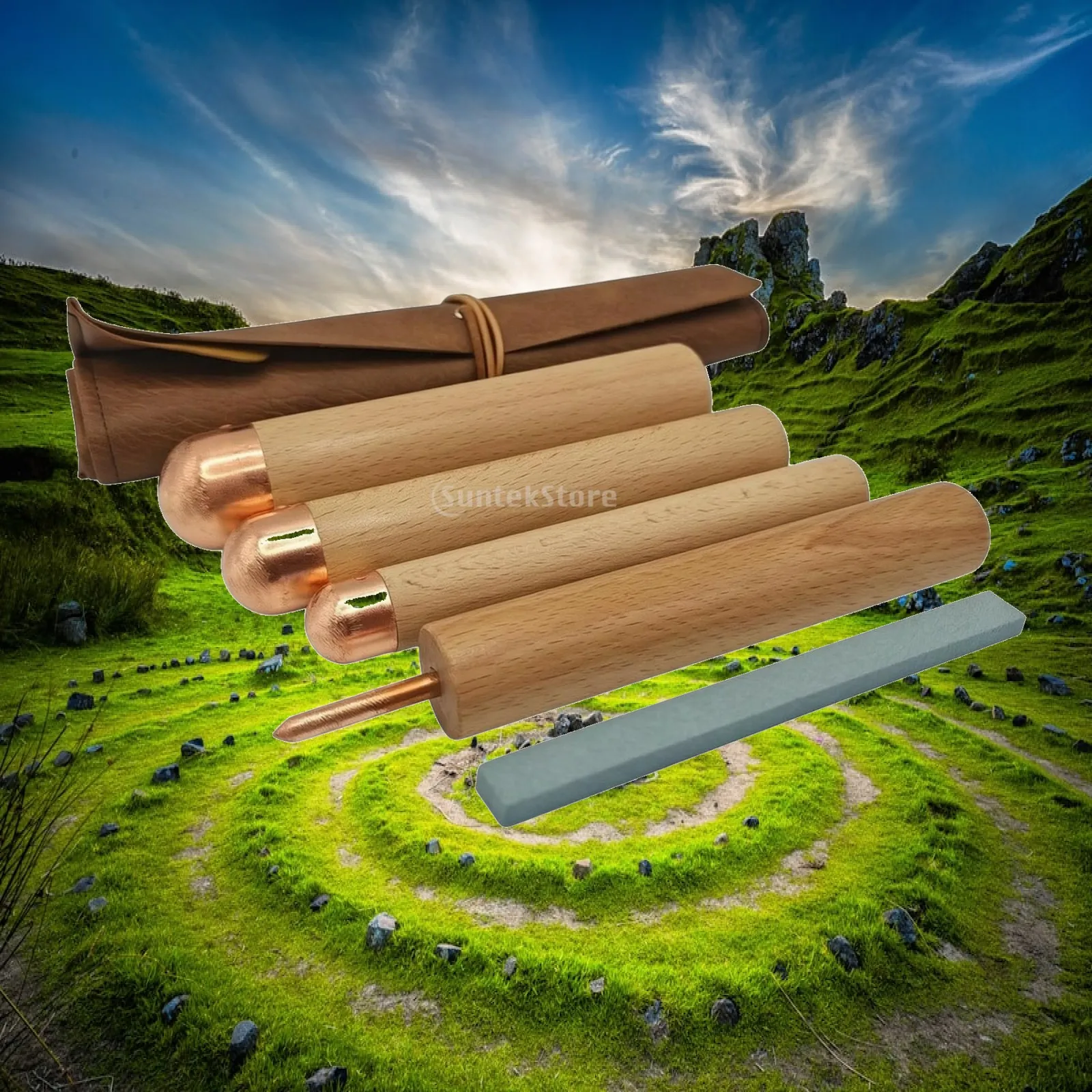 Complete Fabric Set for Stone Shaping with Copper Head Wood Handle Knapping Tools and Leather Pad