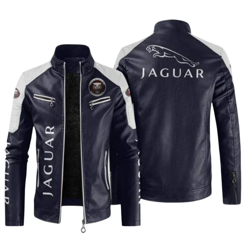 JAGUAR Car Logo motorcycle PU Leather Jacket Patchwork Biker Jackets Casual Zipper Coat Male Motorcycle Jacket Outwear Coat