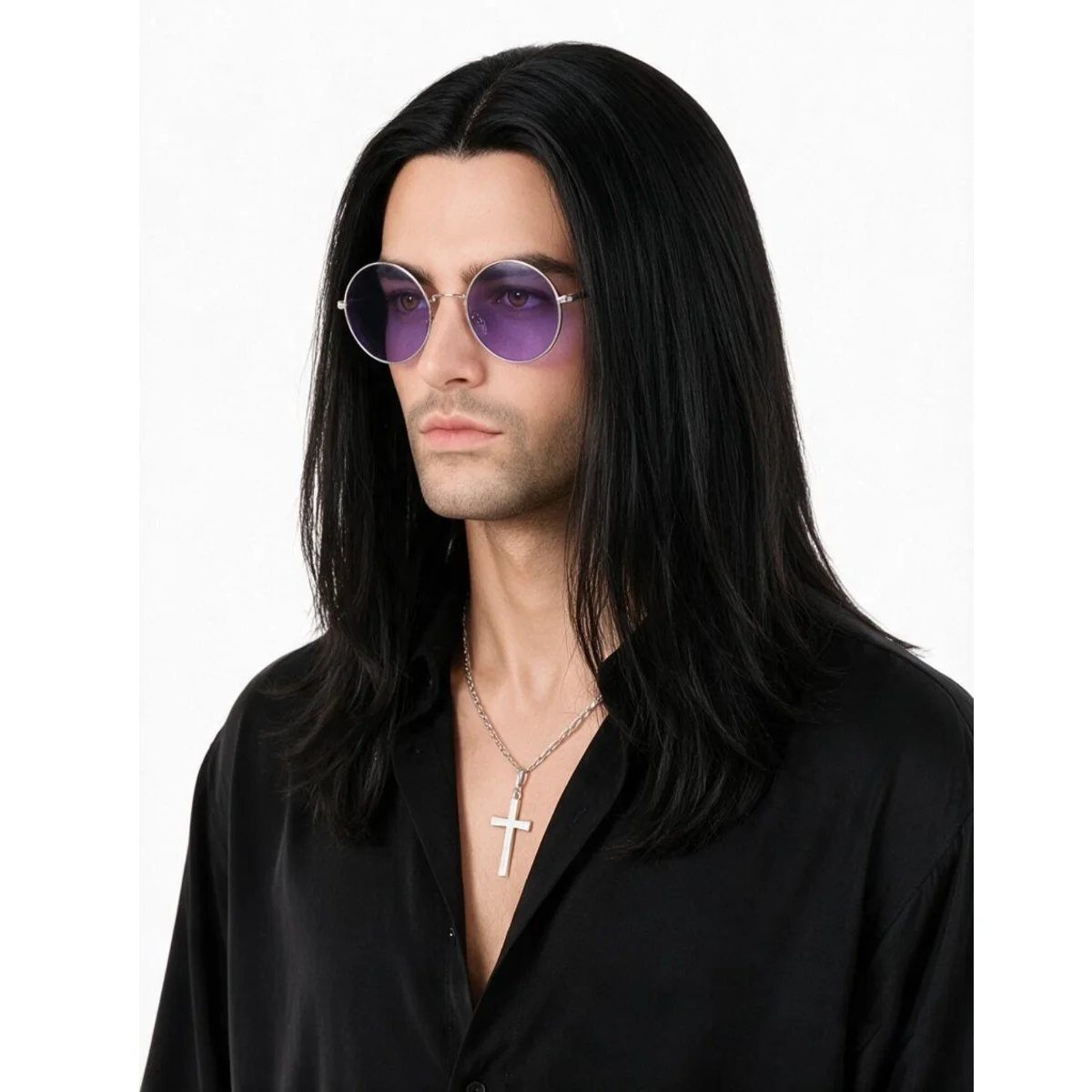 Adult Men Rock Style Costume Accessory Long Straight Black Synthetic Wig Purple Lens Sunglasses Cross Pendant Necklace Cosplay