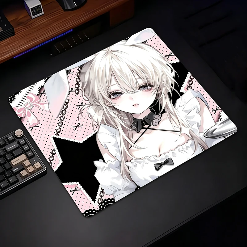 Y2k Sweet Cool Anime Polka Dot Girl Tempered Glass Gaming Mouse Pad Frosted Surface For FPS Office Desktop Custom Mat Accessory