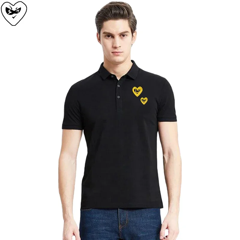 Break Egg Men POLO Shirt Cartoon Large and Small Heart Embroidery Summer Short Sleeve Three-Button Lapel Cotton POLO Shirt