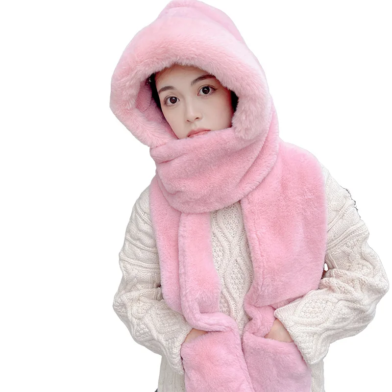 Korean Version Lovely Solid Color Keep Warm Hat Scarf Glove Three Piece Set Cold Proof Plush Glove Scarf Conjoined Body