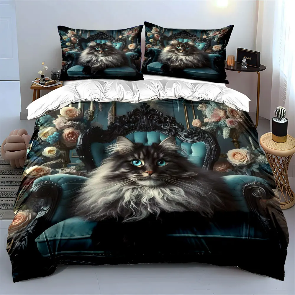 Regal Cat Throne with Florals Printed Duvet Cover Set 1 Duvet Cover+2 Pillowcase Multi Size Bedroom Bedding Decoration