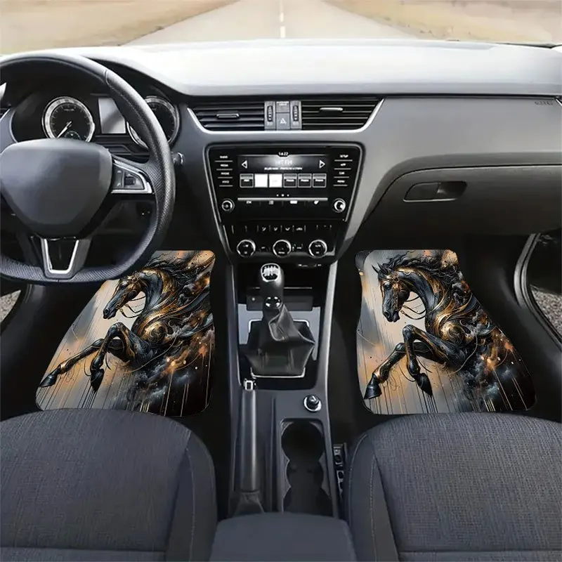 4pcs Mysterious Horse Pattern Car Floor Mat Set, Crystal Velvet Anti-slip Mat, 4pcs Decorate The Interior Space, Effectively Col
