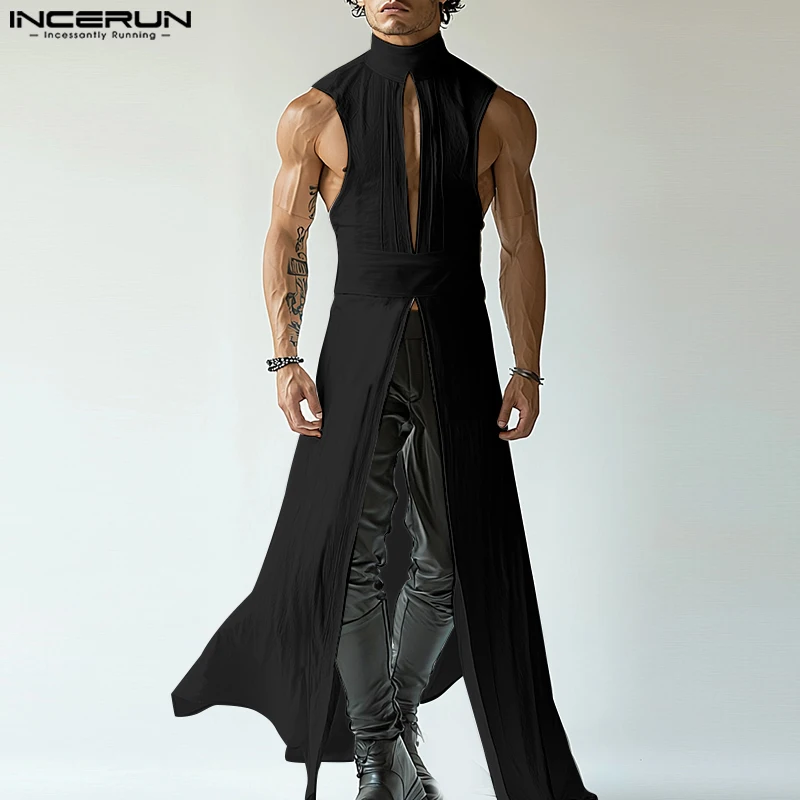 

INCERUN Men Long Style Tank Tops Solid Color Turtleneck Sleeveless Male Vests Streetwear 2025 Hollow Out Fashion Unisex Tops