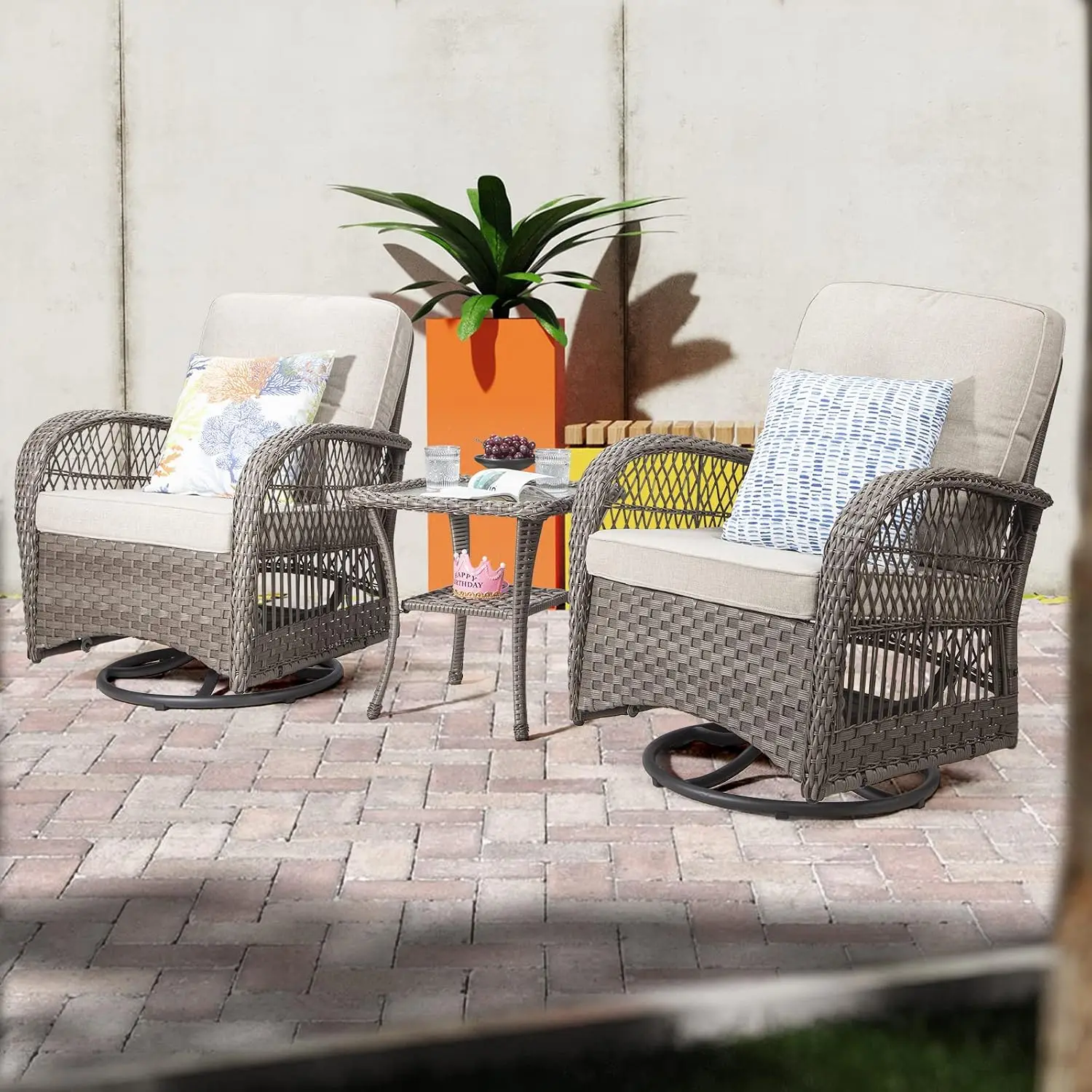 3-Piece Rattan Swivel Rocking Chair Set With Side Table & Fabric Cushion For Patio Outdoor, Customized
