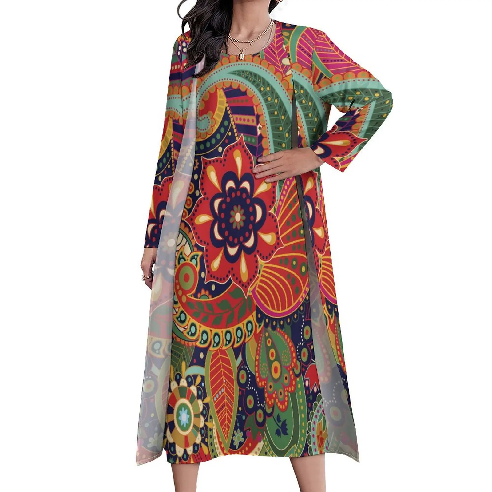 

Bright Paisley Print Dress Flower Power Cute Maxi Dress Long Sleeve Graphic Casual Long Dresses Aesthetic Oversized Vestidos