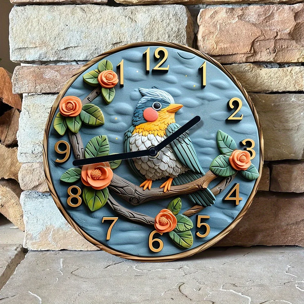 Robin Bird Wall Clock with 3D Effects – ecorative Timepiece for Living Room – Autumn Floral Theme with High-Definition Printing