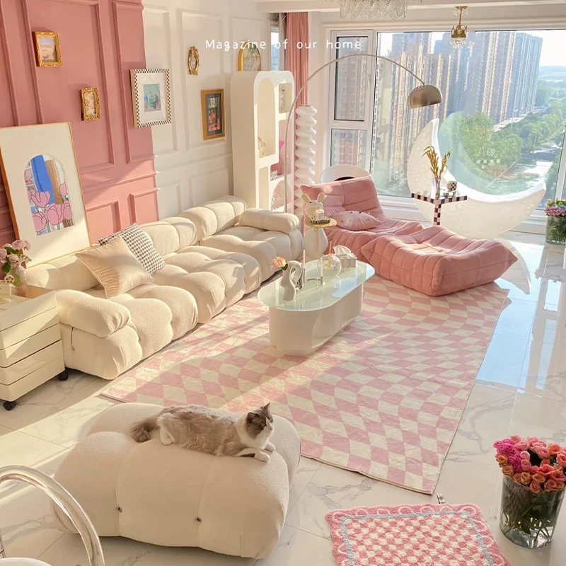 Modern Ins Plaid Easy Care Living Room Carpet Pink Plush Soft Girls Bedroom Carpets Fashion Large Area Cloakroom Decorative Rug