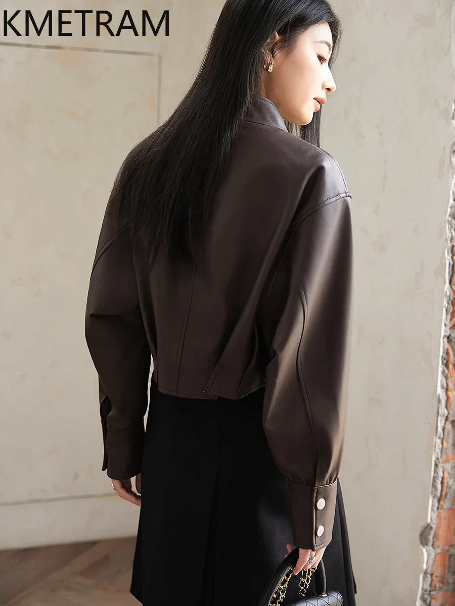 100% 양피 가죽 자켓 여성 봄 가을 짧은 갈색 재킷 2024 Outerwears 여성 의류 дубленка женская