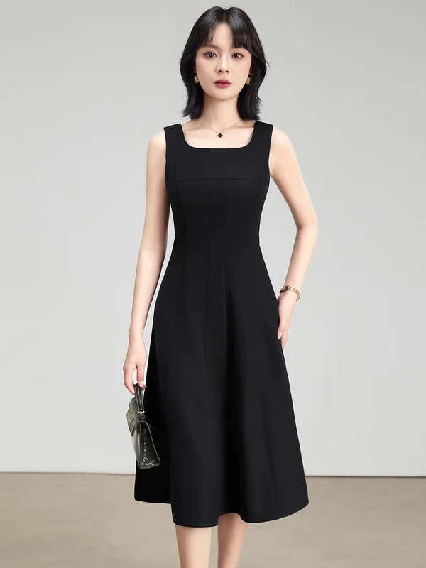 Women's Sleeveless Square Collar Dress Professional A-Line Midi Skirt Slimming Waist Drawstring Autumn New Style City Commute