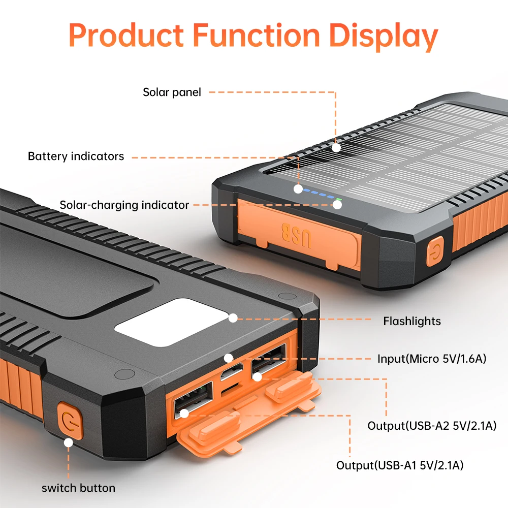 Solar Power Bank 8000mAh, 2 uscite USB, LED luminoso integrato, pacco batteria di emergenza esterno, compatibile con la maggior parte degli elettronica