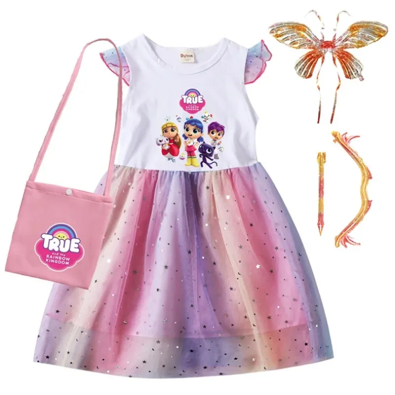 True Rainbow Princess Girls Dresses Cosplay Cute Dress Gauze Mesh Dress+bag with Wing Kids Casual Clothes Kids Gift