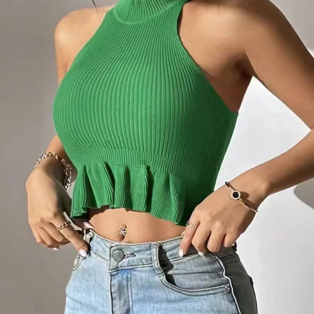 Women Halter Knitted Tank Top Summer Sexy Ruffle Slim Elastic Casual Sleeveless Pullover Top Stylish Streetwear