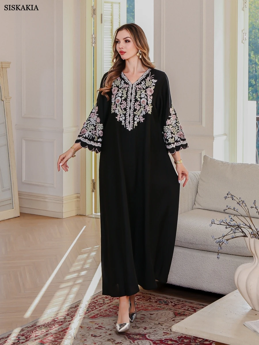 Siskakia luxe broderie florale femme robe de soirée col en v Abayas dubaï pétale manches Caftan marocain