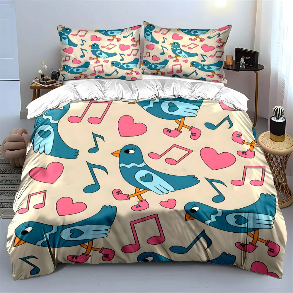 Blue birds with pink hearts background Bedding Set 1 Duvet Cover 2 Pillowcases for Adult and Children Luxury Gift Full Size