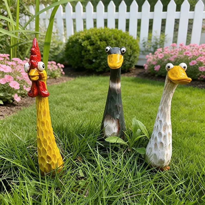 Resin Figurine Garden Stake Funny Rooster Duck Goose Statue Whimsical Outdoor Lawn Yard Garden Decor Animal Ornament