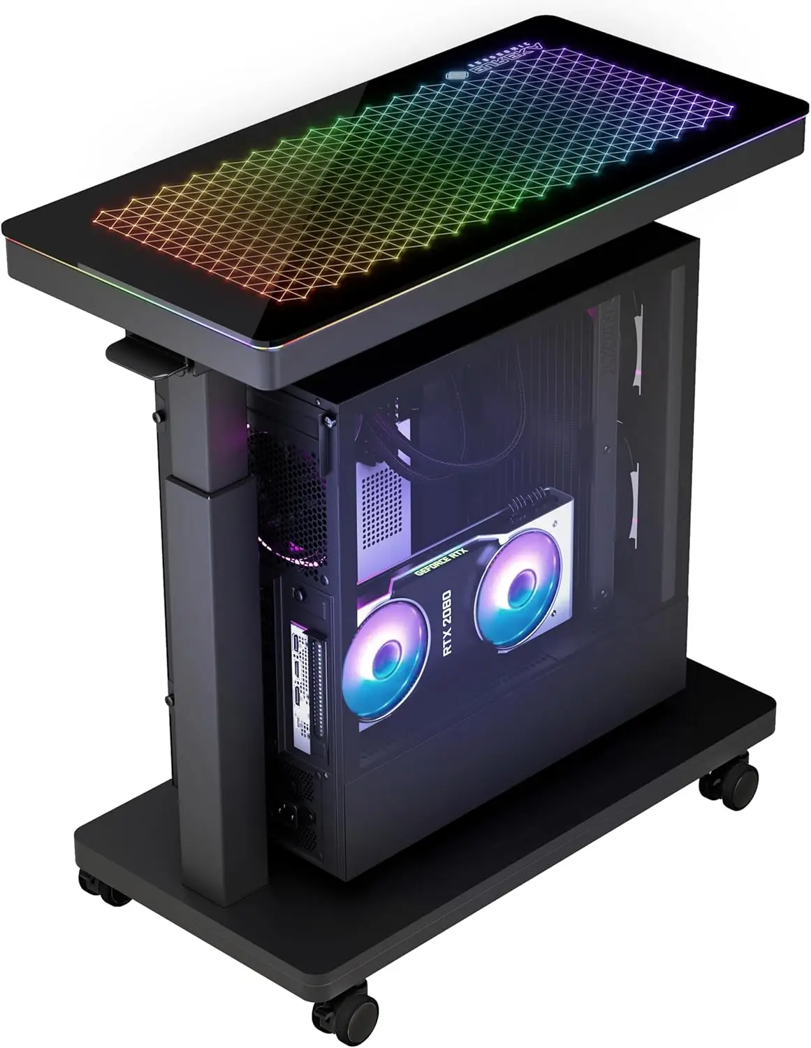 Height Adjustable Computer Tower Stand, Illuminated Glass Panel PC Stand w/RGB Lights, 2-Tier CPU Holder Cart Under Desk,