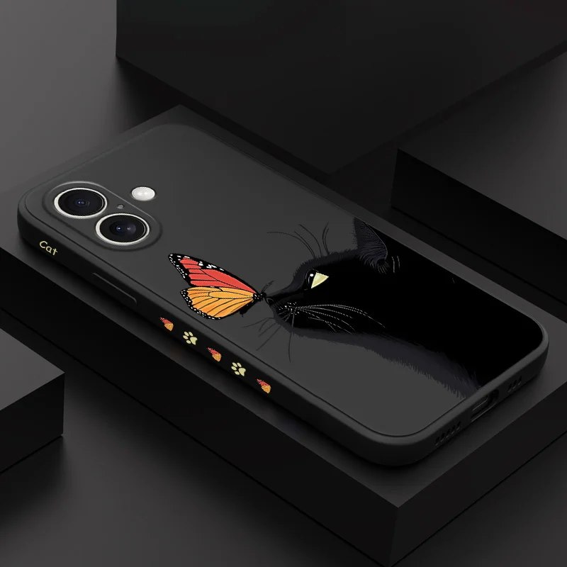 Butterfly Black Cat Phone Case For iPhone 16 15 14 13 12 11 X XR XS Plus Pro Max Mini Silicone Cover