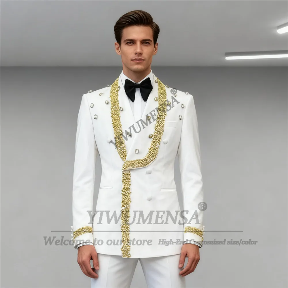 

Роскошный мужской костюм с жемчугом и бисером, комплект из 2 предметов, двубортный пиджак, брюки, мужские смокинги для банкета и жениха по индивидуальному заказу