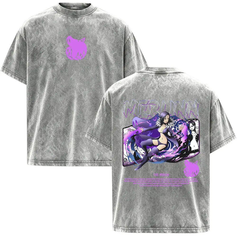 Anime The Seven Deadly Sins Merlin Vintage Washed T Shirts Men's Women Clothing Fashion Casual Short Sleeve Oversized T-shirts